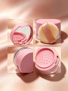 1pc Gold Round Portable Travel Mirror Powder Puff Makeup Refill Case - Multicolor - View 3