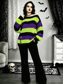 Plus Size Women's Colorblock Striped Distressed Knit Top, Asymmetric Neck, Lantern Sleeve, Y2K Gothic Punk, Suitable For Daily Wear, Halloween And Carnival Parties - Multicolor - View 4