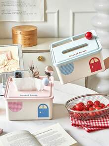 1/2pcs Multifunctional Tissue Box With Compartments, Cute Desktop Napkin Holder With Phone Slot, Plastic Dust‑Proof Tissue Storage Organizer For Desk Dressing Table Home Decor - Multicolor - View 2