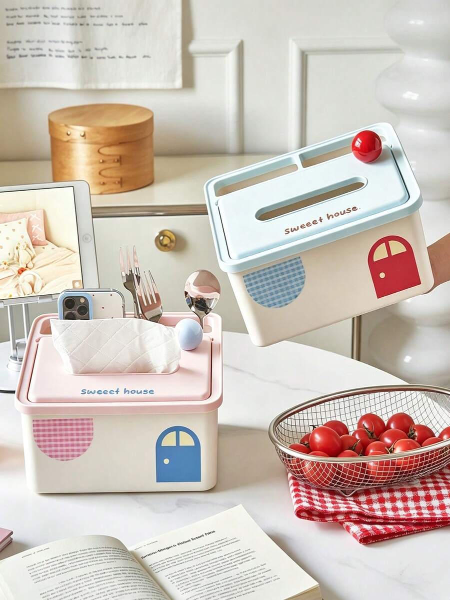 1/2pcs Multifunctional Tissue Box With Compartments, Cute Desktop Napkin Holder With Phone Slot, Plastic Dust‑Proof Tissue Storage Organizer For Desk Dressing Table Home Decor