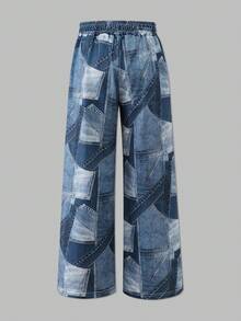 [Random 3 Pieces, 1 Piece Sent] Vintage Street Girl Wide Leg Sweatpants, Full Coverage Colorblock Denim Effect Print Elastic Waist School Pants - Multicolor - View 5
