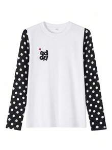 Y2K韓系甜美風 1件女款波點撞色插肩袖愛心印花休閒百搭寬鬆長袖T恤上衣，適合秋冬日常穿著與約會 - 白色 - 查看 7