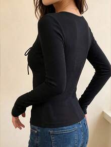 Ladies Lace Trim Square Neck Long Sleeve Ribbed Top, Front Bow Tie Slim Fitted Solid Knit Tee, Casual Blouse For Daily And Going‑Out Occasions - Black - View 5