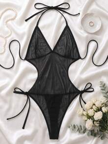 1pc Women's Mesh Drawstring Sexy Lingerie, Mesh Bikini Cover-Up, Transparent Tight Bodysuit, Jumpsuit, Bikini Top - Black - View 11