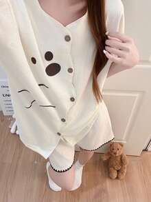 2pcs Women's Pajama Set, Cute Animal Print Sweetheart Collar Cardigan, Simple Short Sleeve Shorts, Easy Care Fabric - Champagne - View 4
