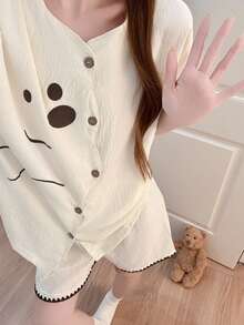 2pcs Women's Pajama Set, Cute Animal Print Sweetheart Collar Cardigan, Simple Short Sleeve Shorts, Easy Care Fabric - Champagne - View 1