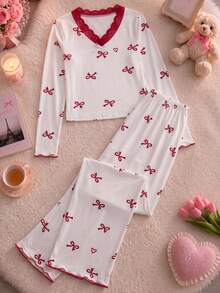 Autumn/Winter Girls' Red Bow Full Printed Lace Long Sleeved Long Pants Pajamas 2 Pieces Set,Soft Fabric,Girls' Leisure And Entertainment Home Clothes - White - View 2