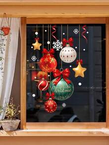 1pc Christmas Decoration Static Cling Window Sticker With Christmas Ball Snowflake Red Bow Design, Removable Double-Sided Visible Reuse PVC Stickers, Suitable For Living Room, Bedroom Home Decor And Window Glass Beautification Decoration - Multicolor - View 4