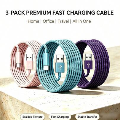 3pcs USB Type C Fast Charging Cable, 3.3ft/6.6ft/9.9ft, USB-A To USB-C Fast Charging Data Cable, Compatible With Android Phones, Compatible With Samsung, And Other Android Phones And Type-C Devices, Suitable For Travel/Office Desk Accessories/Car Accessories/Cruise/Indoor/Outdoor, Compatible With IPhone Charger, Purple/Halloween Gift