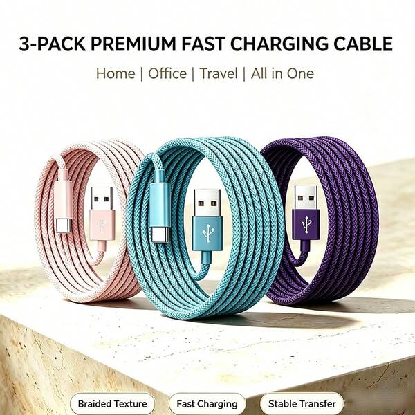 3pcs USB Type C Fast Charging Cable, 3.3ft/6.6ft/9.9ft, USB-A To USB-C Fast Charging Data Cable, Compatible With Android Phones, Compatible With Samsung, And Other Android Phones And Type-C Devices, Suitable For Travel/Office Desk Accessories/Car Accessories/Cruise/Indoor/Outdoor, Compatible With IPhone Charger, Purple/Halloween Gift