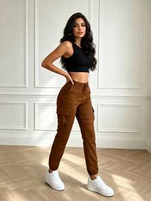 Plus Size Women's Fashion Casual Solid Color Minimalist Pocket Elastic Waist Drawstring Cargo Pants, Lightweight Polyester Blend Soft Fabric - Brown - View 2