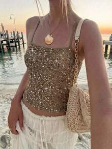 Unadoll Women's Autumn Sequin Spaghetti Strap Crop Top, Slim Fit Shiny Spaghetti Strap Tank Top, Suitable For Party, Date Night And Going Out - Champagne - View 2