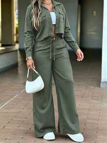 Women's Fall Fashion Two Pieces Set: Solid-Color Casual Set With A Long-Sleeve Top Featuring Front-Buttoned Pockets And High-Waisted Straight-Leg Pants - Army Green - View 2