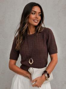 HYJ WEAR Round Neck Short Sleeve Knitted Top, Winter Vintage Casual Style Plaid Texture Cropped Deep Sweater, Simple Daily Outfit, Halloween - Brown - View 2