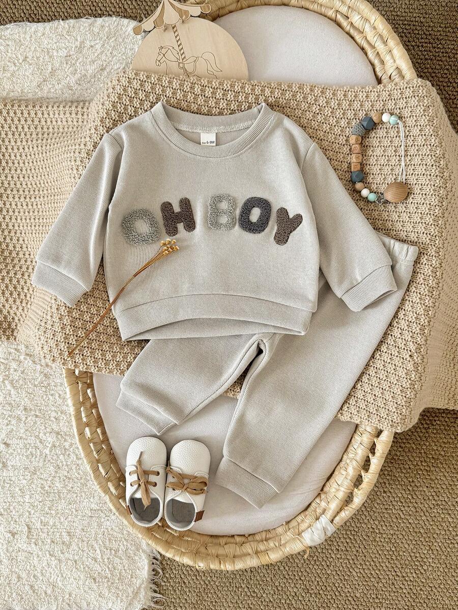 2Pcs/Set Baby Spring/Autumn 2 Pieces Set, Boy Baby Towel Embroidered Letter Crew Neck Sweatshirt Casual Cuffed Long Pants, Children's Outfit
