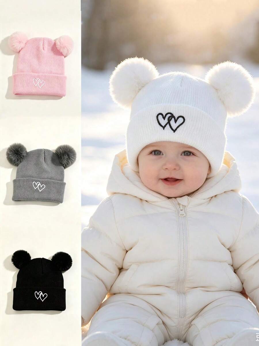 Heart Embroidery Double Pom Pom Baby Knitted Hat, Cute Baby Woolen Hat, Fashionable Versatile Ear Protection Hat - Multicolor - View 1