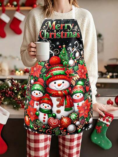 1pc Merry Christmas Apron - Snowman, Poinsettia, Xmas Ball Design, Polyester Holiday Decorative Apron, Suitable For Home Kitchen Baking, And Restaurant Servers, Christmas Kitchen Decor, Christmas Decorations
