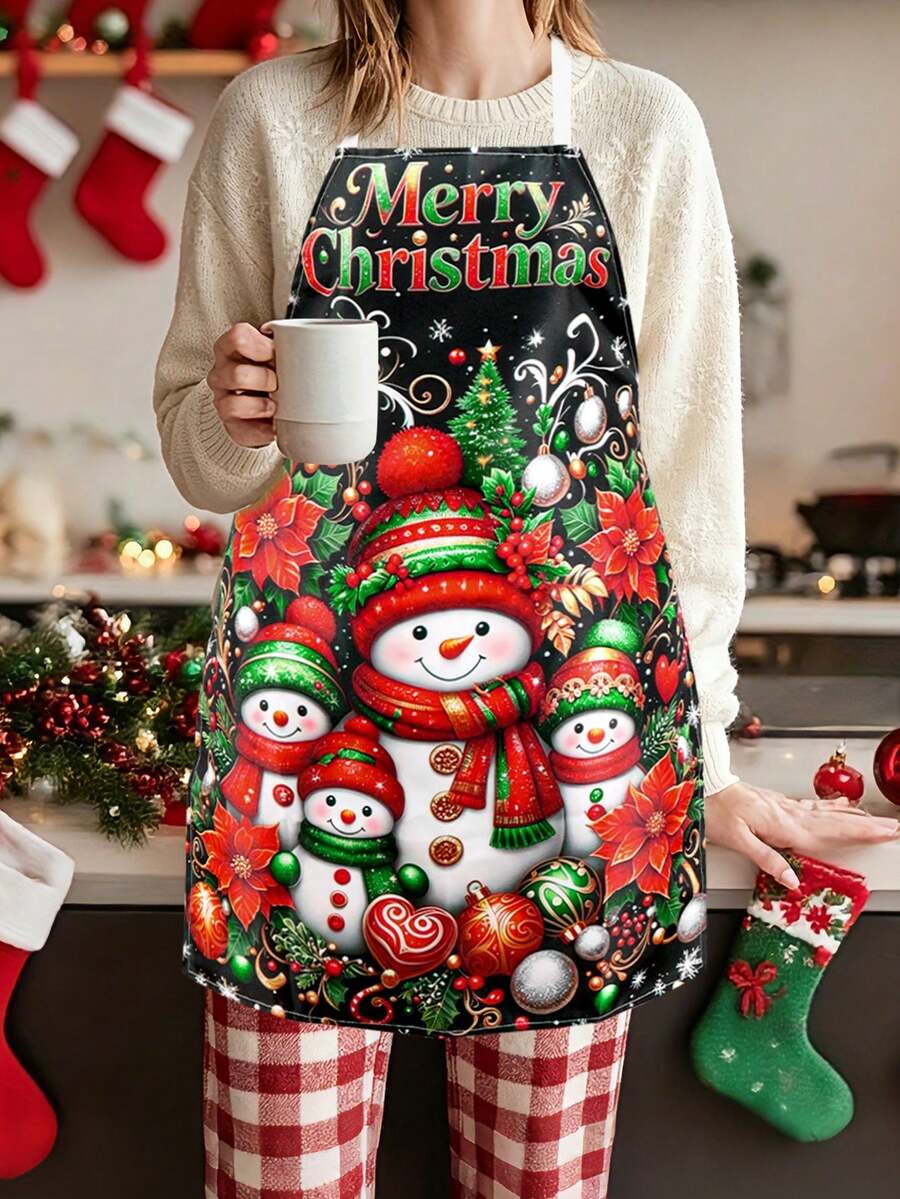 1件聖誕快樂圍裙-雪人、一品紅、聖誕球設計,聚酯纖維節日裝飾圍裙,適用於居家廚房烘焙與餐廳服務員,聖誕廚房裝飾,聖誕裝飾 - 彩色 - 查看 1