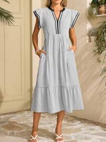 2026 Women V‑Notch Ruffle Cap Sleeve Midi Dress, Striped Tiered Swing Dress With Side Pockets, Casual Dress For Beach Vacation, Daily Outing, - Black - View 3