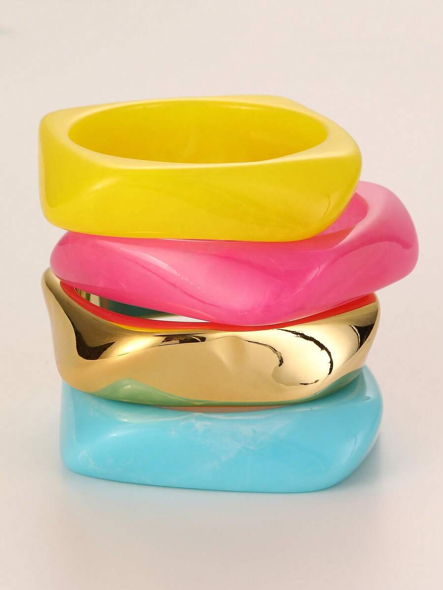 1pc/4pcs Girls Asymmetrical Wide Cuff Bracelet, Macaron Colorful Resin & Metal Mixed Geometric Open Bangle Accessory - Multicolor - View 1
