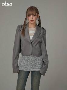 CHUU Letter Print Loose Fit Frill Trim Long Sleeve Casual Blazer Short Jacket For Women, Autumn - Grey - View 4