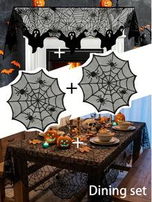 1 Set Halloween Tablecloth Set (Spider Web Lace Tablecloth, Fireplace Cloth, Placemats, Bat Stickers) Black Hollow Mesh Material Party Table Runner Halloween Table Decor Cover Suitable For Home, Restaurant, Bar, Haunted House, Escape Room, Costume Party, Holiday Party - Multicolor - View 1