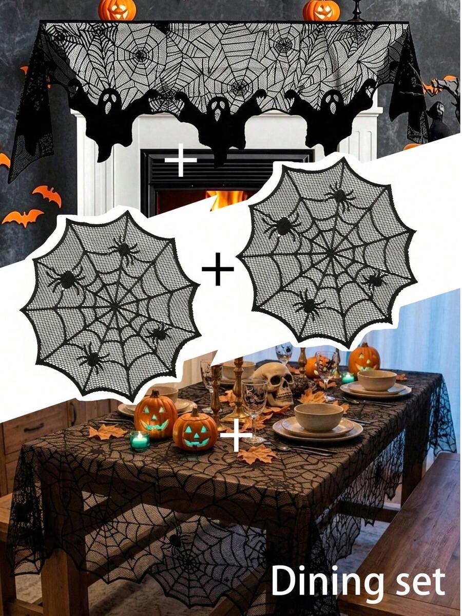 1 Set Halloween Tablecloth Set (Spider Web Lace Tablecloth, Fireplace Cloth, Placemats, Bat Stickers) Black Hollow Mesh Material Party Table Runner Halloween Table Decor Cover Suitable For Home, Restaurant, Bar, Haunted House, Escape Room, Costume Party, Holiday Party - Multicolor - View 1