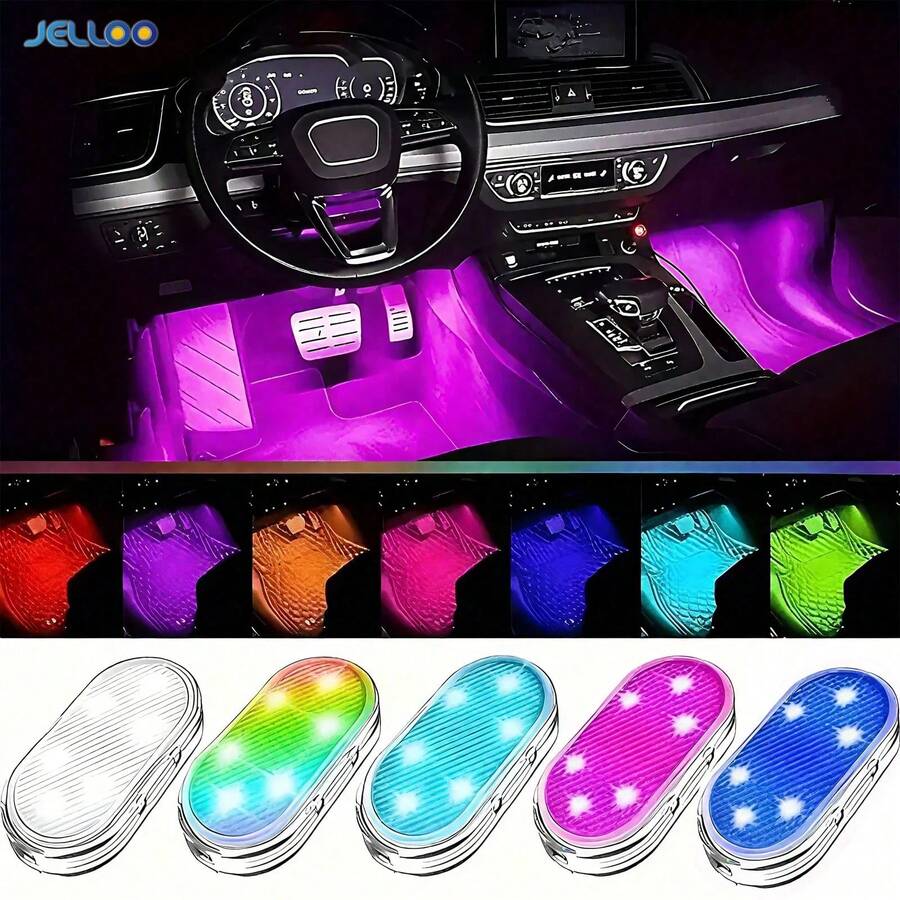 7-Color Touch Sensor LED Car Atmosphere Light, 6 High-Brightness LED Beads, USB Rechargeable Car LED Night Light, Car Accessories