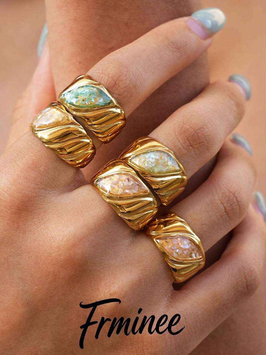 Frminee 5pcs/1pc Summer Ocean Style 18K Gold Plated Stainless Steel Open Rings, Suitable For Daily Wear, Beach Vacation Accessories, Holiday Gift (Natural Shells May Have Slight Color And Texture Variations) - Multicolor 6 - View 1