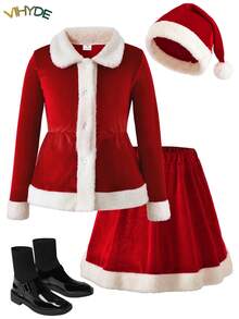 Vihyde Tween Girls Christmas New Arrival Costume 3 Pieces Set, Velvet Top & Skirt With Faux Fur Trim & Plush Santa Hat Outfit - Red - View 4