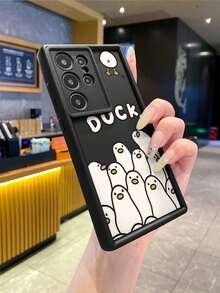 1pc Fashion Pure Android TPU Material Letter Duck Head Element Pattern Lens Protection Thick Anti-Drop Anti-Fingerprint Black Diamond Sand Phone Case Compatible With Samsung/Transsion/HONOR/ - Black - View 3