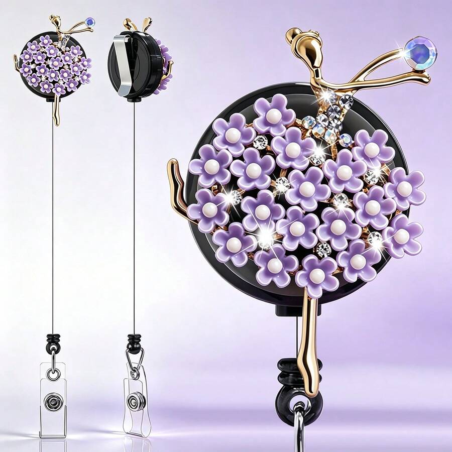 1PC Rhinestone Retractable Badge Reel Keychain, Adjustable Length, Hard Shell ID Holder Clip For Bus Card, ID Card, Work Badge, Student ID, Exhibition Pass, Event Party ID Card Holder - Ballet Girl - View 1