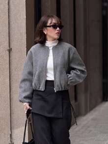 Jaket Wol Pendek Abu-abu Wanita GMFP, Dengan Kantong Resleting, Lengan Panjang, Kerah Bulat, Cocok Untuk Dipakai di Musim Gugur/Musim Dingin. - Grey - View 4