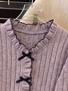 Autumn/Winter Girls'sweet Bow Decoration Pink Long Sleeve+Long Pants Pajamas Two Pieces Set,Comfortable And Casual Fabric,Suitable For Sleeping At Home - Pink - View 6