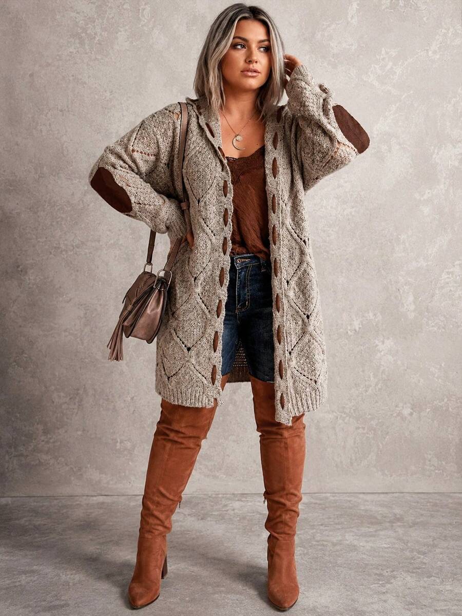 Plus Size Casual Hooded Cardigan With Elbow Patches Knitted Long Sleeve Knee Length Hollow Out Design - Khaki - View 1