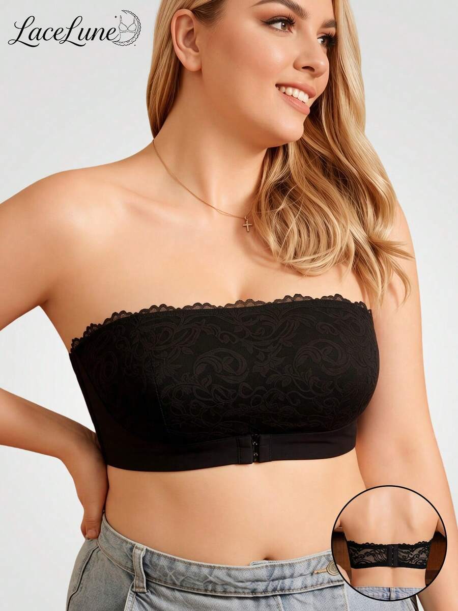 Plus Size Sexy Strapless Bandeau Bra, Comfortable Invisible No-Wire No-Padding Bra, Lace Backless Bra With Side-Boob Coverage, Anti-Sagging Lace Patchwork Bra, Minimalist Sexy Style Enhancing Bra