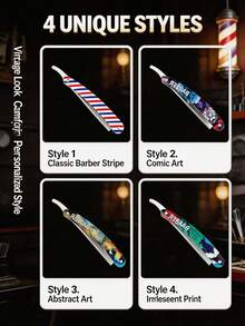 1pc/Men's Manual Folding Straight Razor, Colorful Printed Barber Razor, Professional Hair Salon Razor For Beard Trimming, Bald Head Shaving, Sideburns And Eyebrow Styling, Blade Not Included - Safety Razor - View 8
