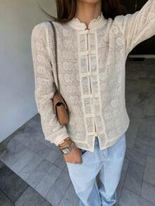 Women's Semi-Sheer Lace Stand Collar Ruffle Puff Long Sleeve Blouse, Bohemian, Napoleon Style Button-Up Casual Top - Beige - View 3