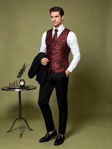 Men's Vest, Tie, Handkerchief, Cufflinks Set, Formal & Casual Wear - Burgundy - View 1