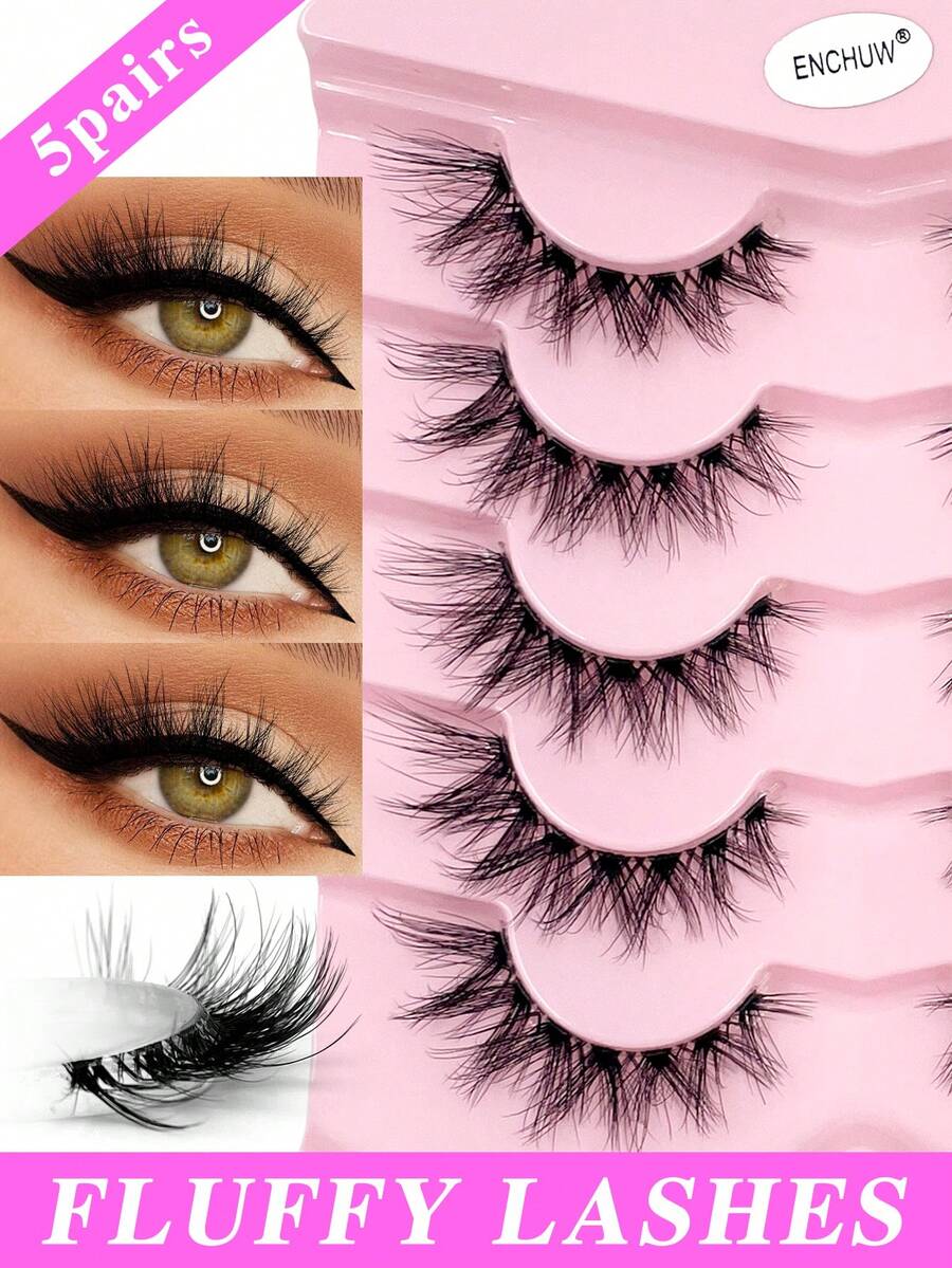 ENCHUW 5 Pairs Manga Lashes With Clear Band Eyelashes Cat Eye Eyelashes Natural Full False Eyelashes Volumized Eyelash Extension - Black - View 1