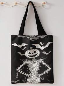 1pc Halloween Skull Print Shoulder Tote,Large Capacity For Books,Groceries & Daily Beach Travel School Use. For Students, Great Daily Bag Or Gift - Multicolor - View 10