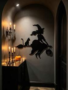 1 Peça Decoração de Parede de Ferro Bruxa Voadora, Bruxa Montada em Vassoura com Silhueta de Gato Preto e Abóbora, Decoração de Jardim, Adequado para Sala de Estar, Lareira, Varanda, Quintal, Jardim, Decoração de Festa de Halloween, Melhor Presente de Decoração para Casa para Amigos/Família - Gato Bruxo - Visão 3