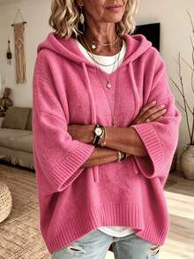 Women's Elegant Casual Cute Hooded Sweatshirt Mid-Sleeve Knit Sweatshirt Warm - Hot Pink - View 3