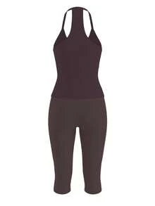 Women's Casual V-Neck Ribbed Knit Tank Top & Fitted Capri Pants Solid Color 2-Piece Set Summer Outfit Brown Elegant - Brown - View 9