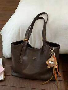 New Fashion Solid Color PU Leather Women's Shoulder Bag, Retro Handbag With Buckle And Zipper, Large Capacity Tote Bag, Suitable For Travel, Shopping - Coffee Brown - View 1