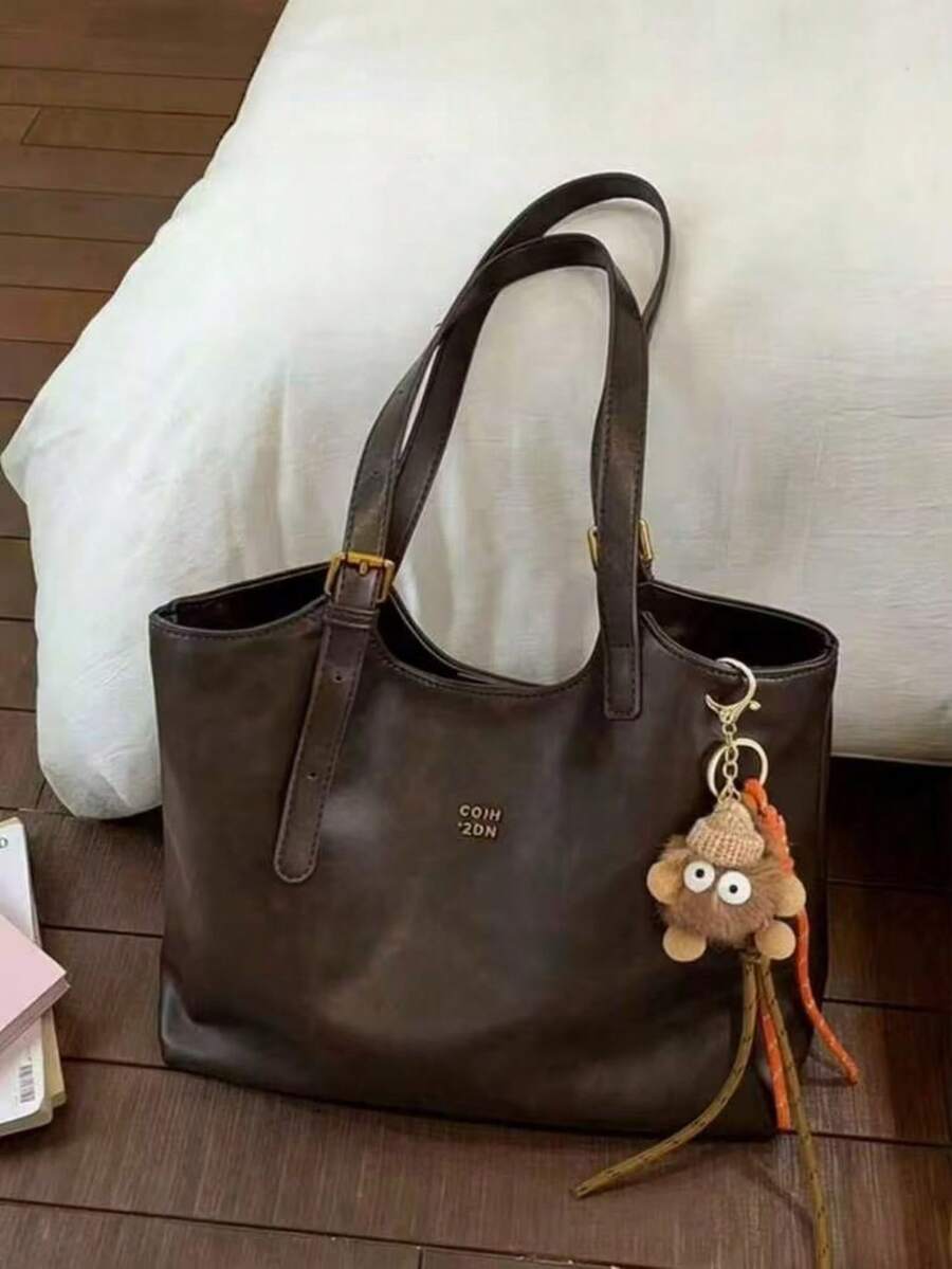 New Fashion Solid Color PU Leather Women's Shoulder Bag, Retro Handbag With Buckle And Zipper, Large Capacity Tote Bag, Suitable For Travel, Shopping - Coffee Brown - View 1