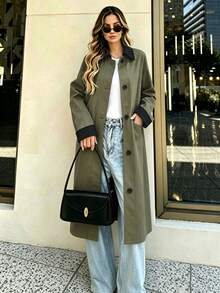 Women's Autumn New Contrast Black Trim Collar Pocket Trench Coat, Loose Fit, Relaxed Style, Flattering Mid-Length Versatile Jacket - Olive Green - View 1