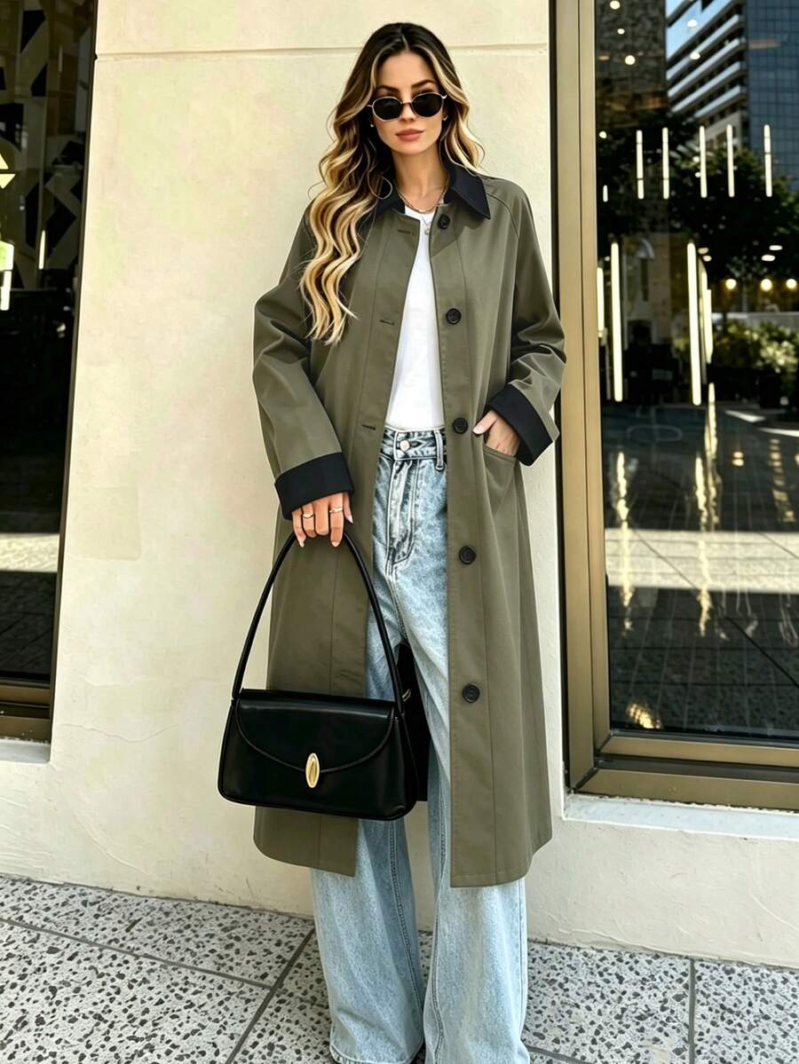 Women's Autumn New Contrast Black Trim Collar Pocket Trench Coat, Loose Fit, Relaxed Style, Flattering Mid-Length Versatile Jacket - Olive Green - View 1