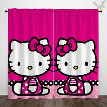 2pcs Pattern Decorative Curtains, Cute Cat & Bow Pink Print Blackout Curtains, Rod Pocket Hanging Style, All Season Use, Suitable For Bedroom, Office, Kitchen, Living Room, Study And Home Decor, Machine Washable, Multiple Sizes Available, Home Essential Decor - E - View 3