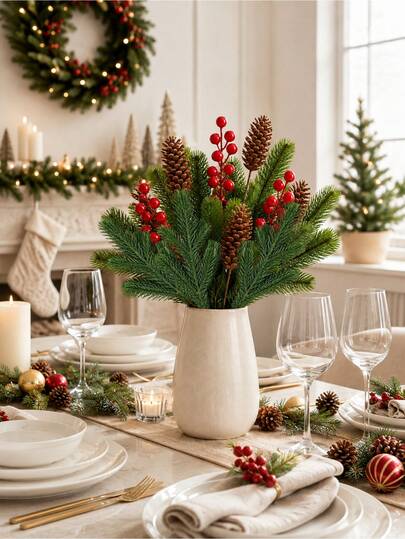 Christmas Artificial Pine Branches Red Berry Stems Faux Xmas Sprigs Faux Evergreen Norfolk Pine Cypress Leaves Stems, Fake Foliage Pine Needles Picks For DIY Craft Garland Home Decor